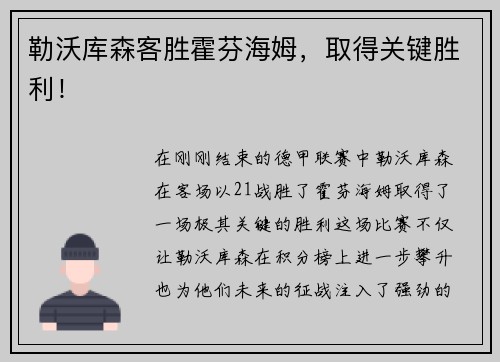 勒沃库森客胜霍芬海姆，取得关键胜利！
