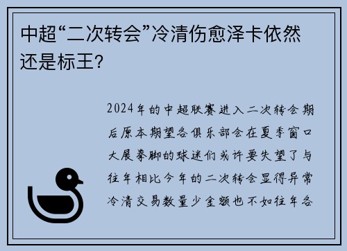 中超“二次转会”冷清伤愈泽卡依然还是标王？