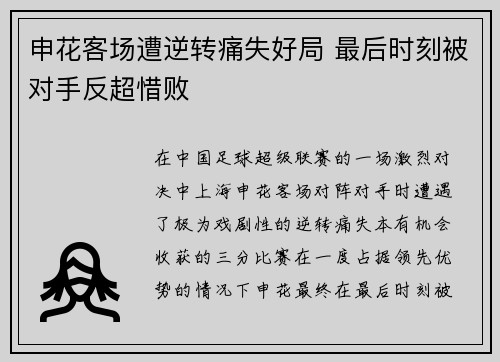 申花客场遭逆转痛失好局 最后时刻被对手反超惜败