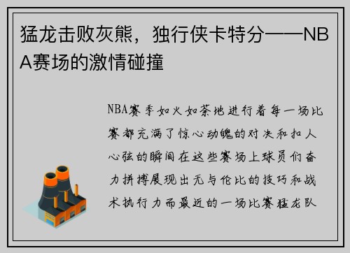 猛龙击败灰熊，独行侠卡特分——NBA赛场的激情碰撞