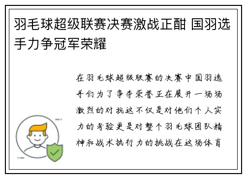 羽毛球超级联赛决赛激战正酣 国羽选手力争冠军荣耀