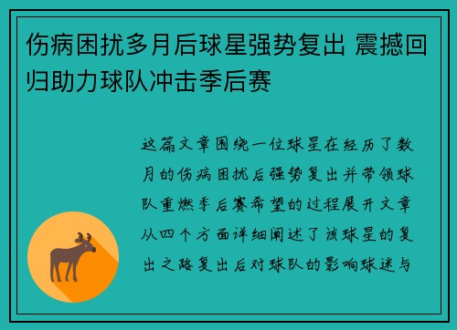 伤病困扰多月后球星强势复出 震撼回归助力球队冲击季后赛