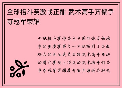 全球格斗赛激战正酣 武术高手齐聚争夺冠军荣耀